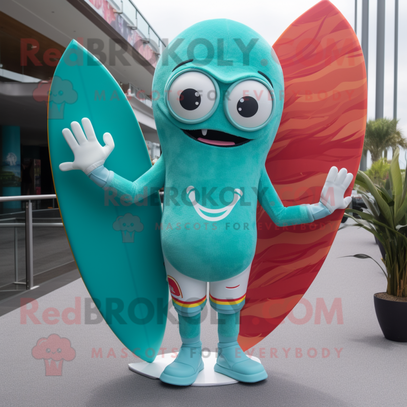 Teal Surfboard mascot costume character dressed with a Bodysuit and Rings Teal Surfboard mascot costume character dressed with a Bodysuit and Rings