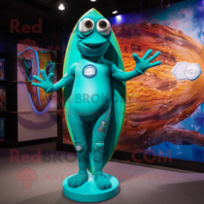 Teal Surfboard mascot costume character dressed with a Bodysuit and Rings