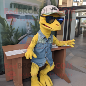 Lemon Yellow Utahraptor mascot costume character dressed with a Denim Shorts and Reading glasses