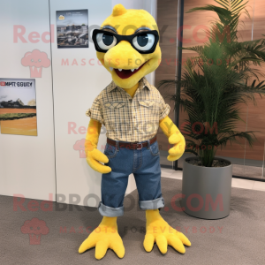 Lemon Yellow Utahraptor mascot costume character dressed with a Denim Shorts and Reading glasses