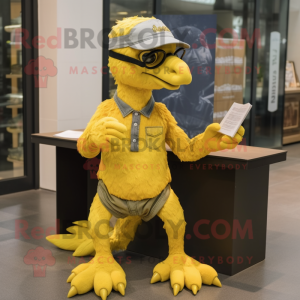 Lemon Yellow Utahraptor mascot costume character dressed with a Denim Shorts and Reading glasses