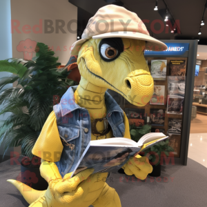 Lemon Yellow Utahraptor mascot costume character dressed with a Denim Shorts and Reading glasses