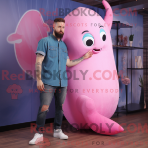 Maskotkarakter av en rosa...