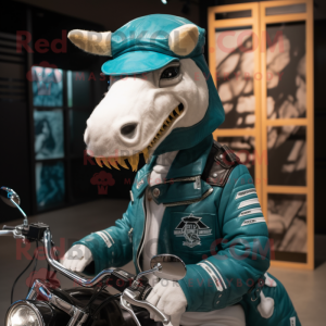 Teal Quagga mascot costume character dressed with a Biker Jacket and Hats