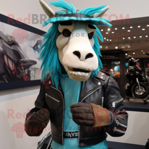 Teal Quagga mascot costume character dressed with a Biker Jacket and Hats