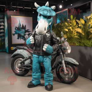 Teal Quagga mascot costume character dressed with a Biker Jacket and Hats