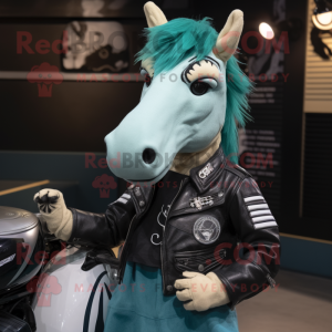 Teal Quagga mascot costume character dressed with a Biker Jacket and Hats