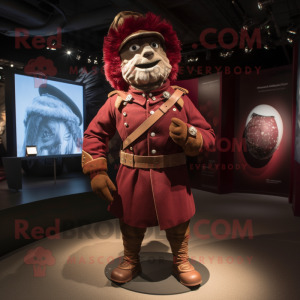 Maroon Soldier mascot costume character dressed with a Rugby Shirt and Shawl pins