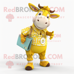 Yellow Zebu mascot costume character dressed with a Dungarees and Coin purses