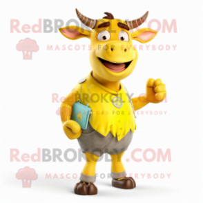 Yellow Zebu mascot costume character dressed with a Dungarees and Coin purses