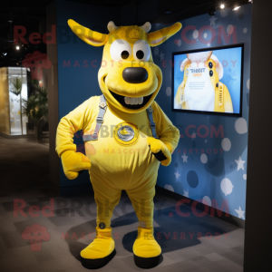 Yellow Zebu mascot costume character dressed with a Dungarees and Coin purses