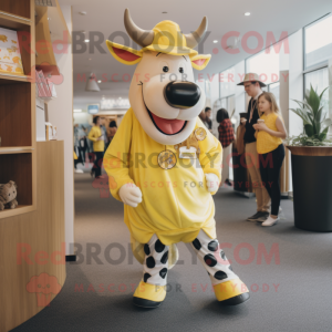 Yellow Zebu mascot costume character dressed with a Dungarees and Coin purses