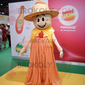 Peach Pad Thai mascot costume character dressed with a Maxi Dress and Hat pins