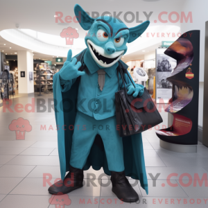 Maskotfigur av en blågrön...