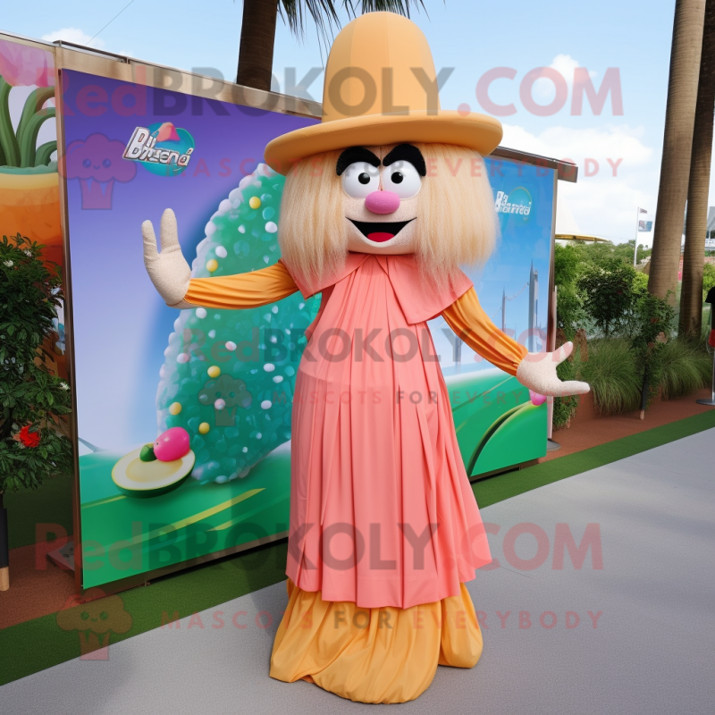 Peach Pad Thai mascot costume character dressed with a Maxi Dress and Hat pins Peach Pad Thai mascot costume character dressed with a Maxi Dress and Hat pins
