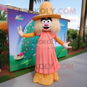 Peach Pad Thai mascot costume character dressed with a Maxi Dress and Hat pins