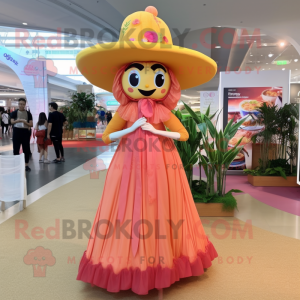 Peach Pad Thai mascot costume character dressed with a Maxi Dress and Hat pins