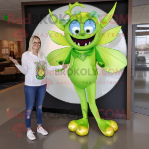 Lime Green Tooth Fairy mascot costume character dressed with a Flare Jeans and Rings