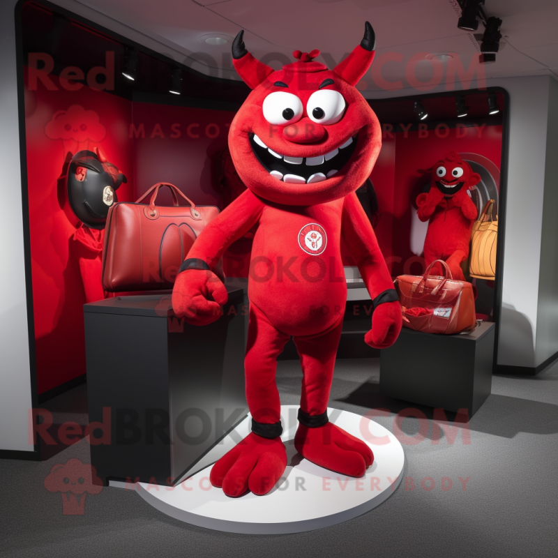 Red Devil mascot costume character dressed with a Henley Tee and Coin purses