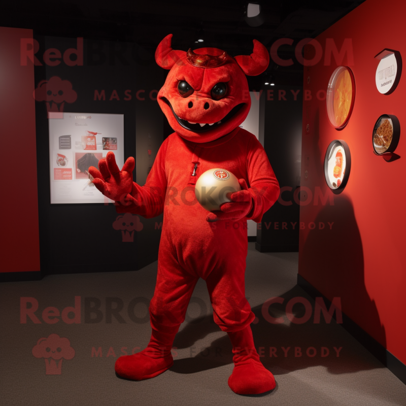 Red Devil mascot costume character dressed with a Henley Tee and Coin purses