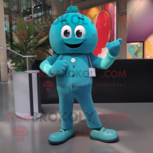 Teal Juggle mascot costume character dressed with a Flare Jeans and Smartwatches