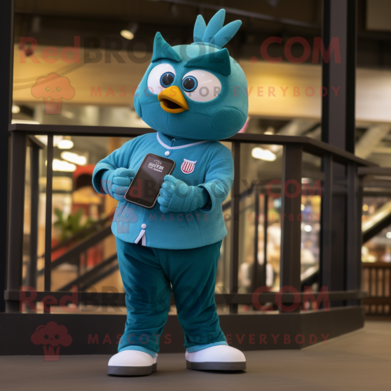Teal Juggle mascot costume character dressed with a Flare Jeans and Smartwatches Teal Juggle mascot costume character dressed with a Flare Jeans and Smartwatches