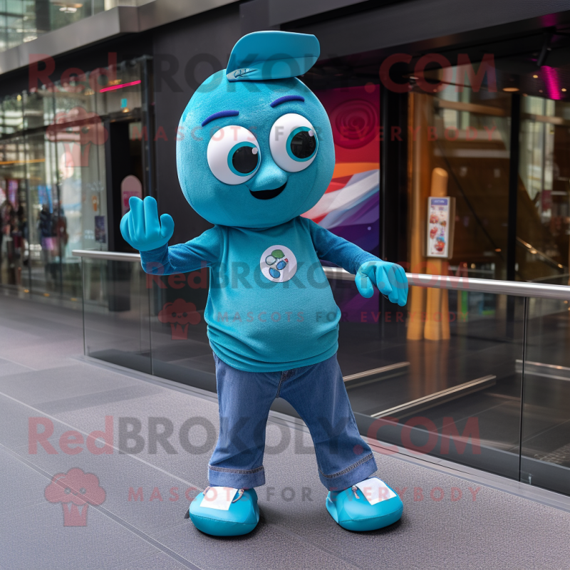 Teal Juggle mascot costume character dressed with a Flare Jeans and Smartwatches