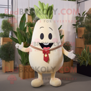 Cream Radish mascot costume character dressed with a Corduroy Pants and Hairpins