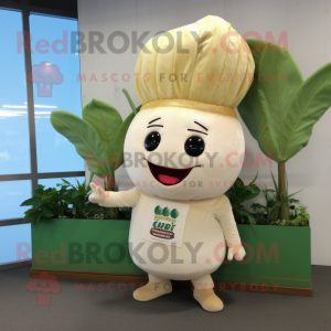 Cream Radish mascot costume character dressed with a Corduroy Pants and Hairpins