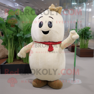 Cream Radish mascot costume character dressed with a Corduroy Pants and Hairpins