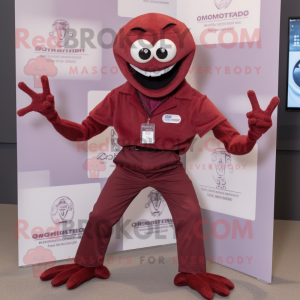 Maroon Spider mascot costume character dressed with a Oxford Shirt and Shoe clips