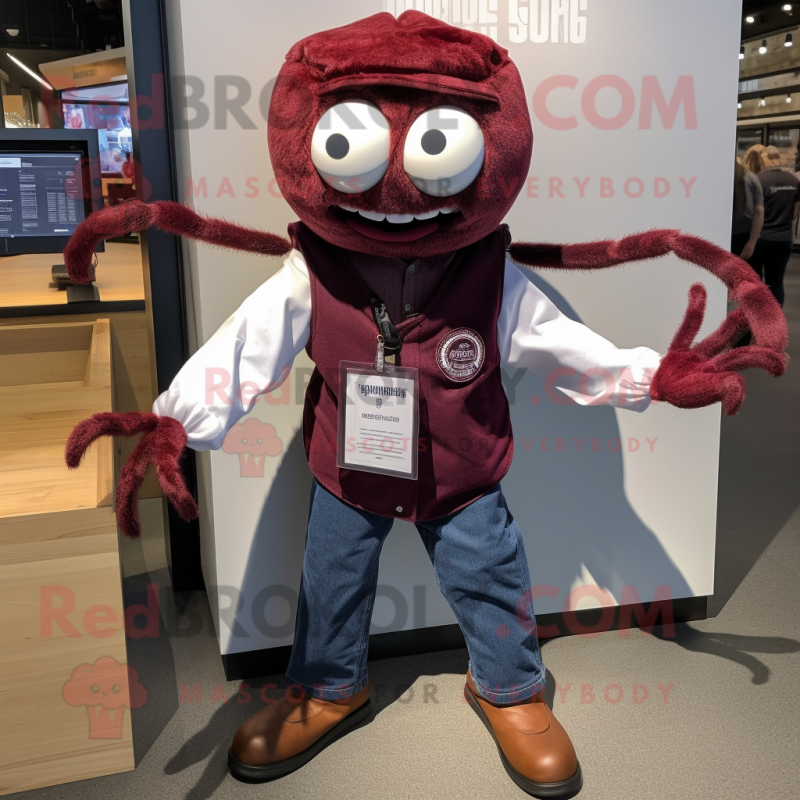 Maroon Spider mascot costume character dressed with a Oxford Shirt and Shoe clips