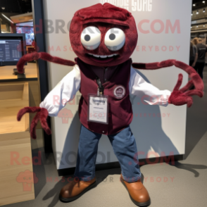 Maroon Spider mascot costume character dressed with a Oxford Shirt and Shoe clips