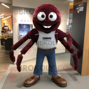 Maroon Spider mascot costume character dressed with a Oxford Shirt and Shoe clips