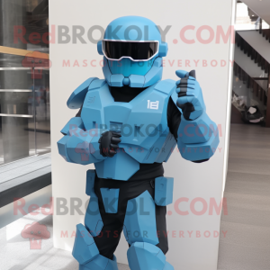 Cyan Spartan Soldier mascot costume character dressed with a Vest and Sunglasses