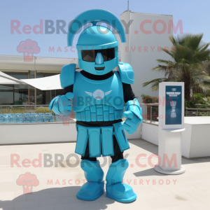 Cyan Spartan Soldier mascot costume character dressed with a Vest and Sunglasses