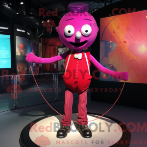 Maskotfigur av en magenta...