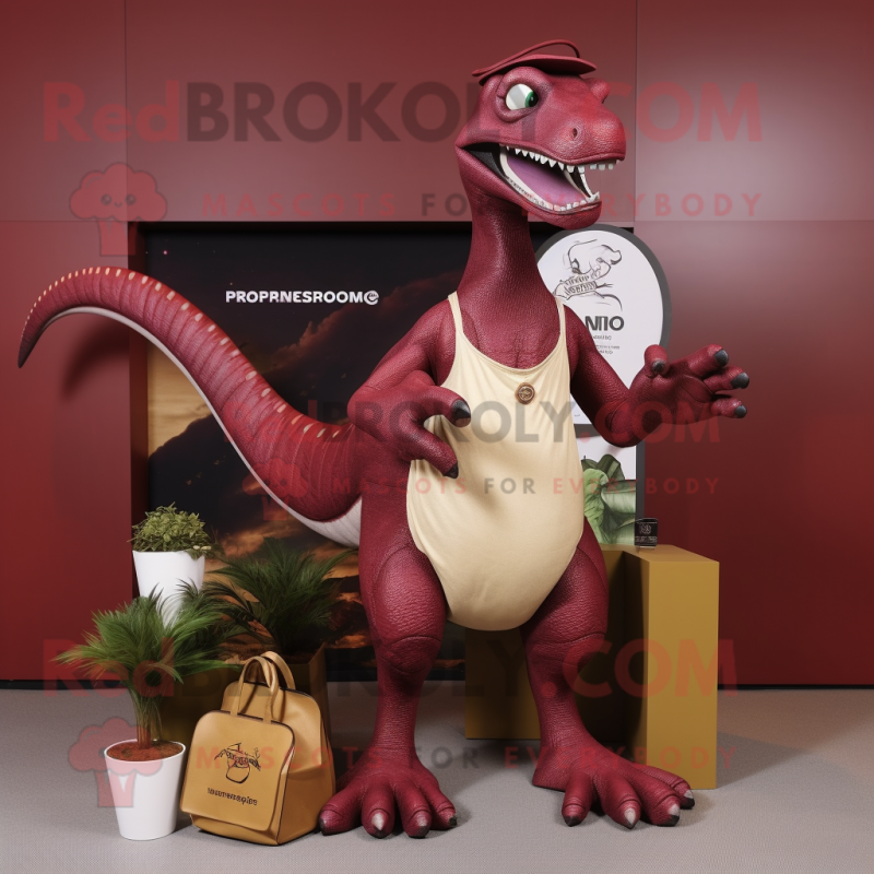 Maroon Parasaurolophus mascot costume character dressed with a Bikini and Wallets Maroon Parasaurolophus mascot costume character dressed with a Bikini and Wallets