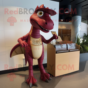 Maroon Parasaurolophus mascot costume character dressed with a Bikini and Wallets
