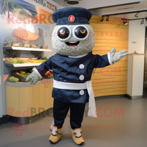 Navy Sushi mascot costume character dressed with a Sweater and Brooches