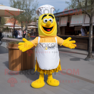 Yellow Paella mascot costume character dressed with a Poplin Shirt and Hairpins