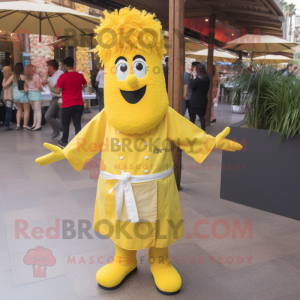 Yellow Paella mascot costume character dressed with a Poplin Shirt and Hairpins