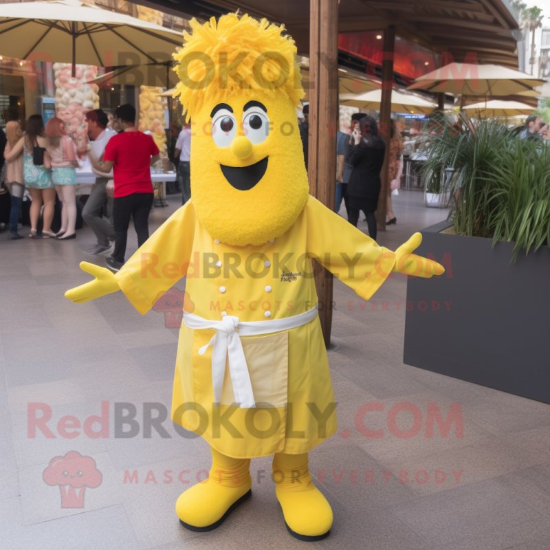 Yellow Paella mascot costume character dressed with a Poplin Shirt and Hairpins Yellow Paella mascot costume character dressed with a Poplin Shirt and Hairpins