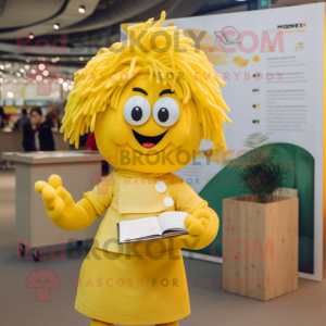 Yellow Paella mascot costume character dressed with a Poplin Shirt and Hairpins