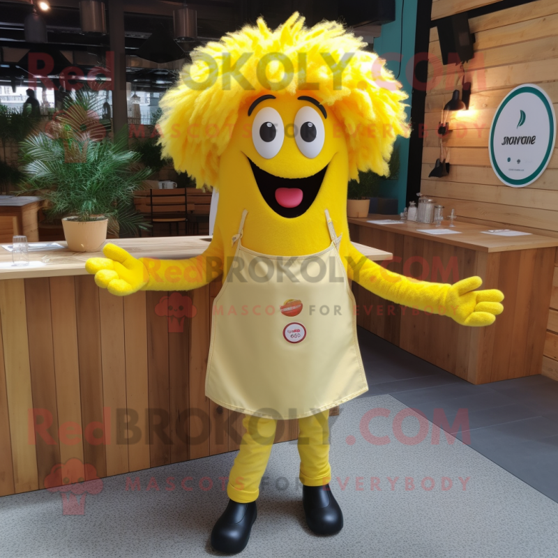 Yellow Paella mascot costume character dressed with a Poplin Shirt and Hairpins