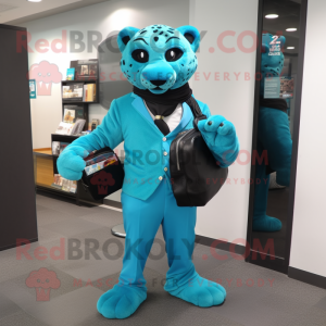 Cyan Jaguar mascot costume character dressed with a Trousers and Briefcases