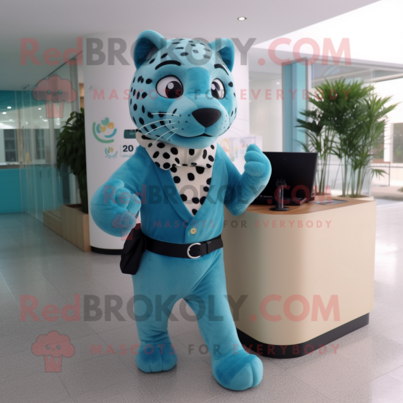 Cyan Jaguar mascot costume character dressed with a Trousers and Briefcases