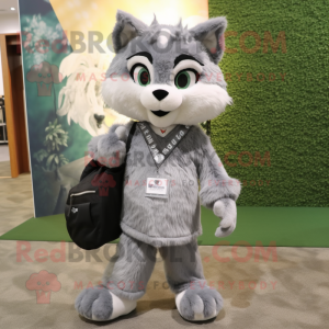 Gray Lynx mascot costume character dressed with a Maxi Dress and Messenger bags