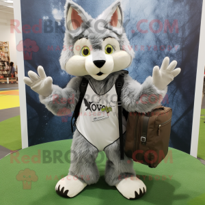 Gray Lynx mascot costume character dressed with a Maxi Dress and Messenger bags