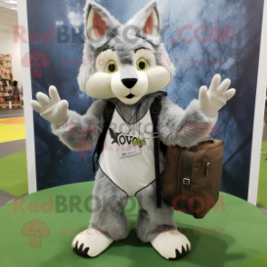 Gray Lynx mascot costume character dressed with a Maxi Dress and Messenger bags